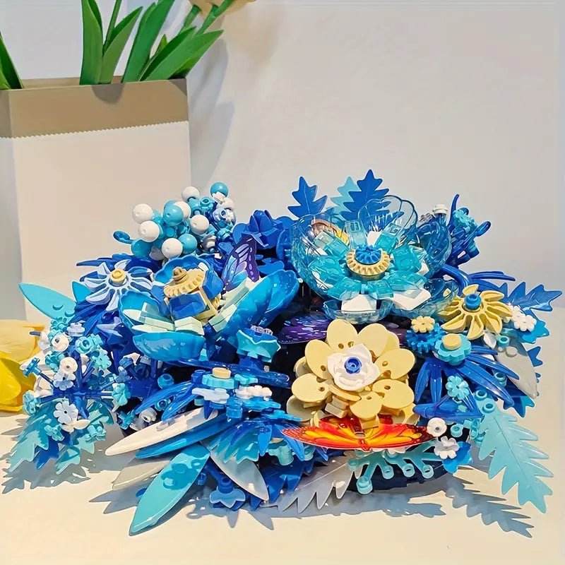 917PCS Blue Floral Botanical Building Set - Stunning Table or Wall Decoration