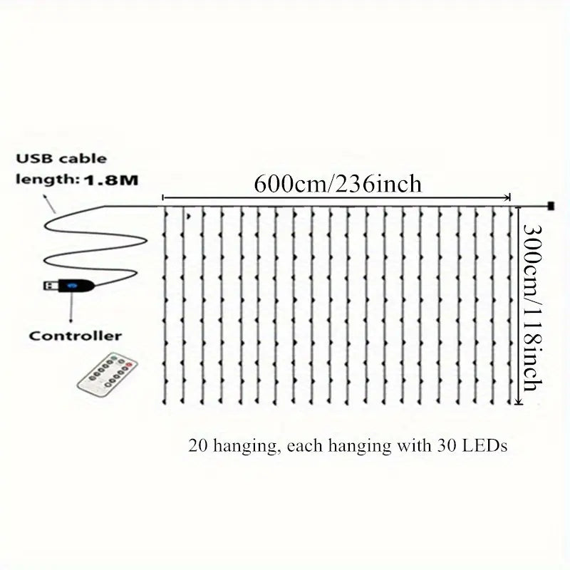 1pc 600LED 6m*3m/19.6ft*9.8ft USB Curtain String Lights