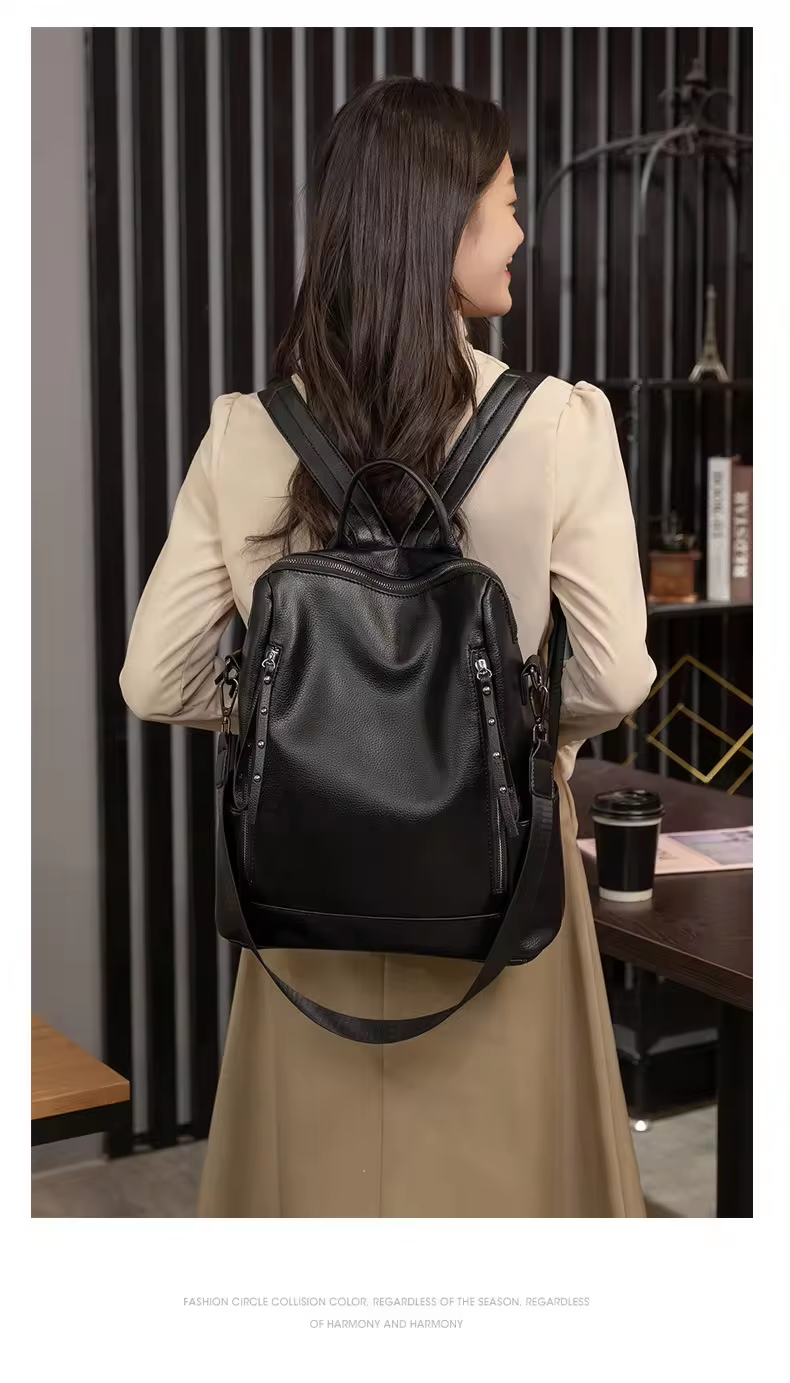 2024 new Korean retro large capacity soft leather texture leisure outdoor travel backpack women's bag