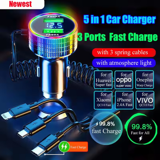 2024 New USB Car Charger Portable 5 in 1 Fast Charging