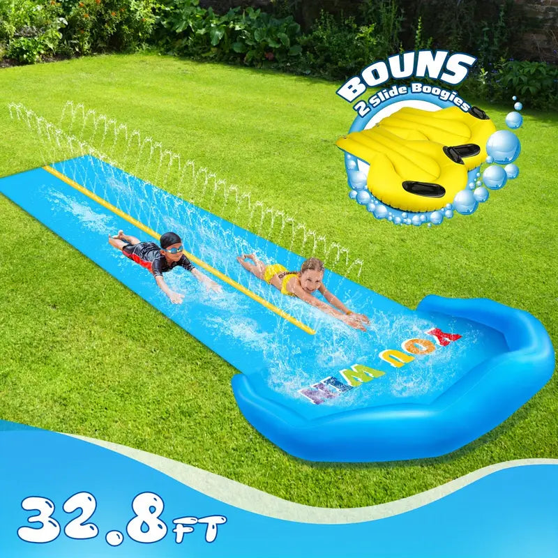 10M Extra Long Water Slide, 32.8ft Inflatable Splash Water Slip with 2 Racing Lanes and 2 Body Boards for Kids Boys Girls Adults Outdoor Summer Water Toys