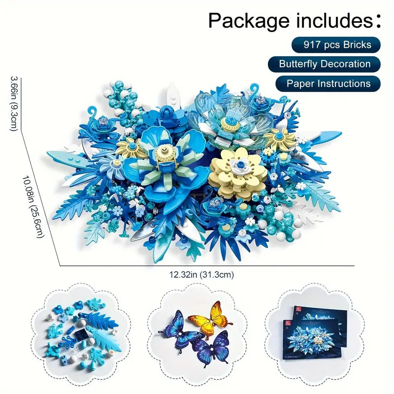 917PCS Blue Floral Botanical Building Set - Stunning Table or Wall Decoration