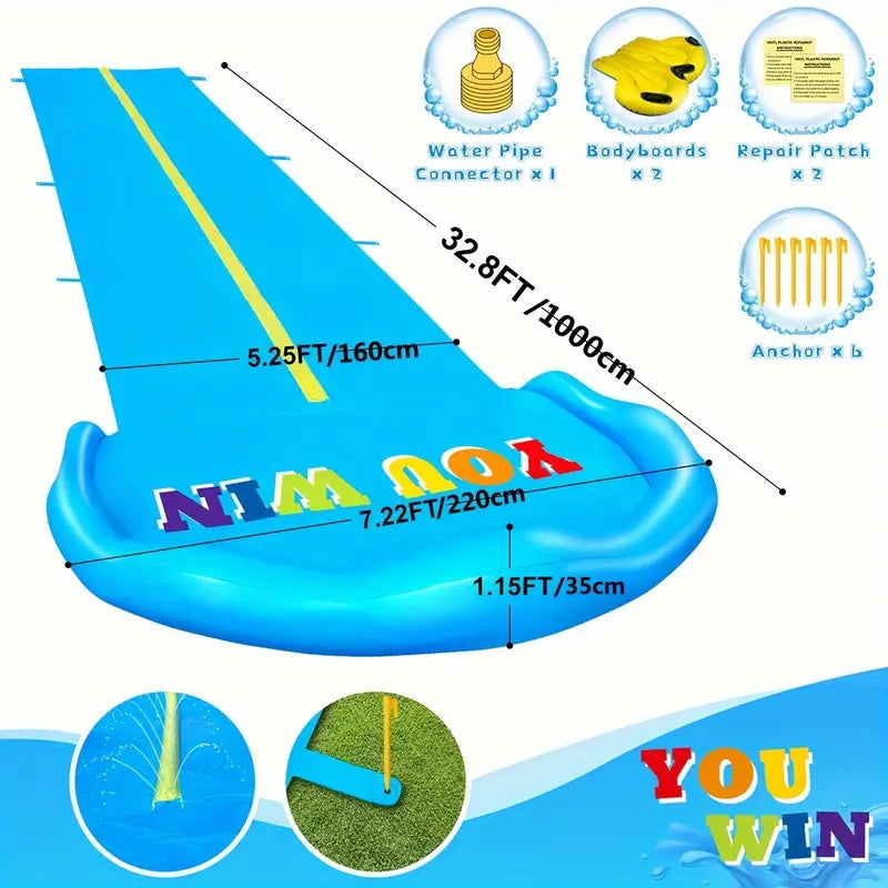 10M Extra Long Water Slide, 32.8ft Inflatable Splash Water Slip with 2 Racing Lanes and 2 Body Boards for Kids Boys Girls Adults Outdoor Summer Water Toys