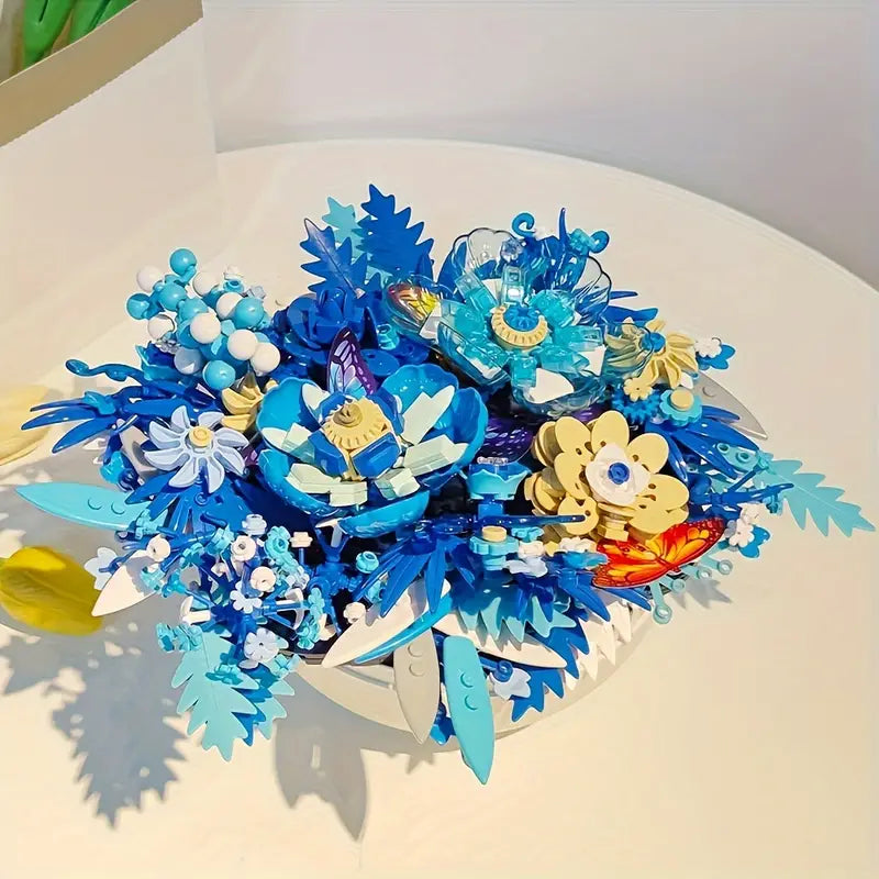 917PCS Blue Floral Botanical Building Set - Stunning Table or Wall Decoration