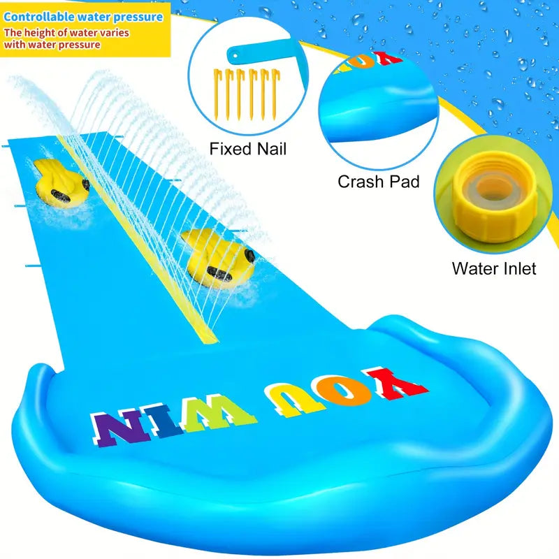 10M Extra Long Water Slide, 32.8ft Inflatable Splash Water Slip with 2 Racing Lanes and 2 Body Boards for Kids Boys Girls Adults Outdoor Summer Water Toys